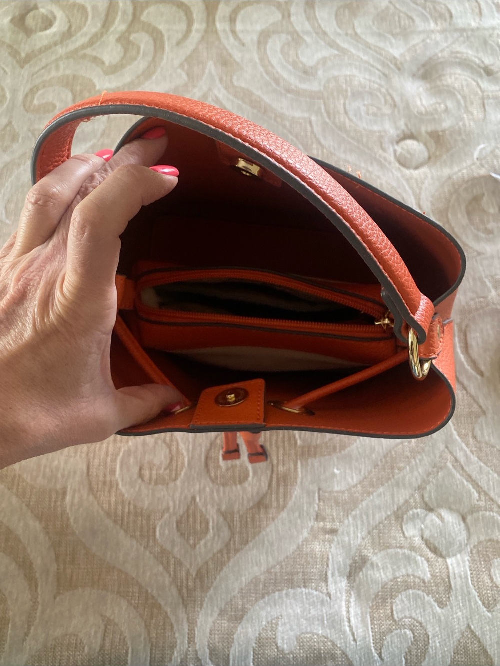 Nanette Lepore Orange Pebbled Bucket Bag Top Handle Purse - Picture 5 of 9
